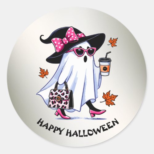 Halloween Cute Stylish Witch Ghost Coffee Cup Classic Round Sticker