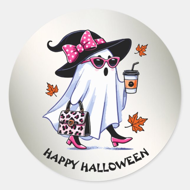 Halloween Cute Stylish Witch Ghost Coffee Cup Classic Round Sticker (Front)