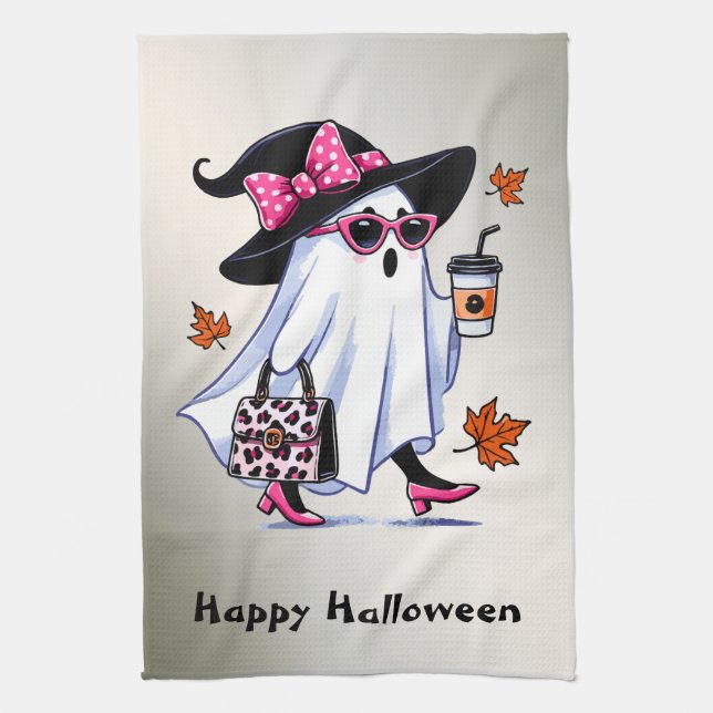 Halloween Cute Stylish Witch Ghost Coffee Cup Kitchen Towel (Vertical)