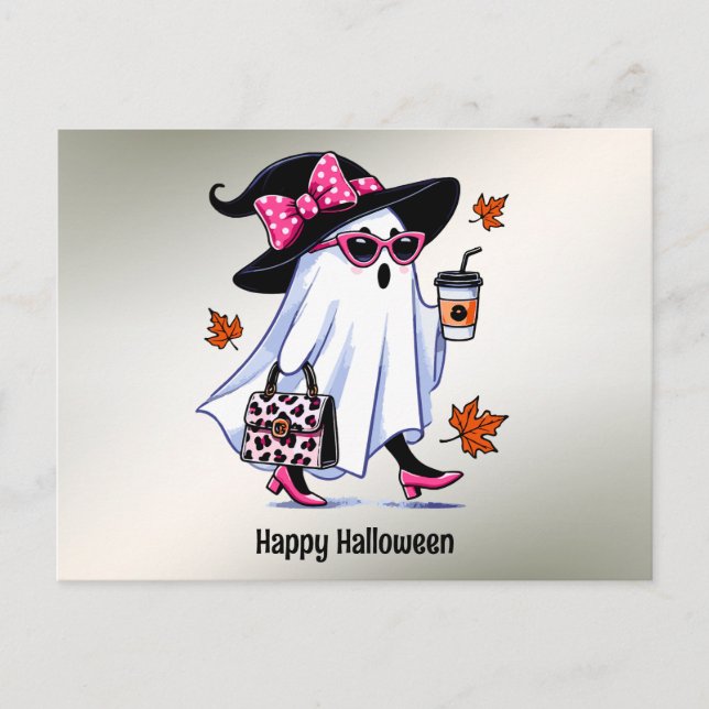 Halloween Cute Stylish Witch Ghost Coffee Cup Postcard (Front)