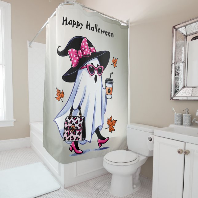 Halloween Cute Stylish Witch Ghost Coffee Cup Shower Curtain (In Situ)