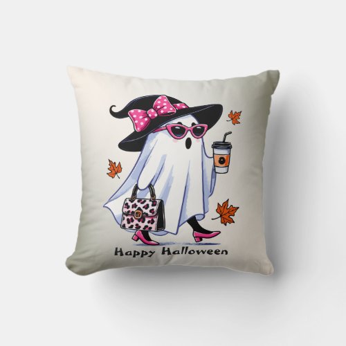 Halloween Cute Stylish Witch Ghost Coffee Cup Throw Pillow