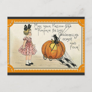 Halloween Cute Vintage Pumpkin Black Cat Girl Postcard