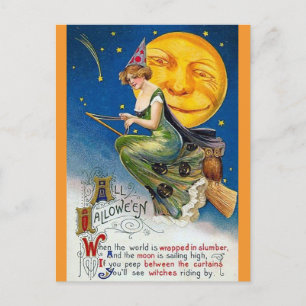 Halloween Cute Vintage Witch Victorian Poem Postcard