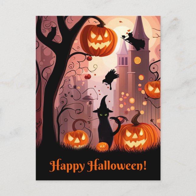 Halloween Cute Whimsical Cat Witch Pumpkins Holiday Postcard (Front)