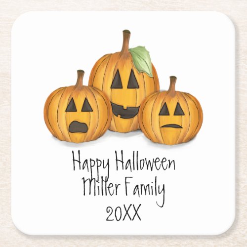 Halloween Cute Whimsical Pumpkins Jack O Lanterns Square Paper Coaster