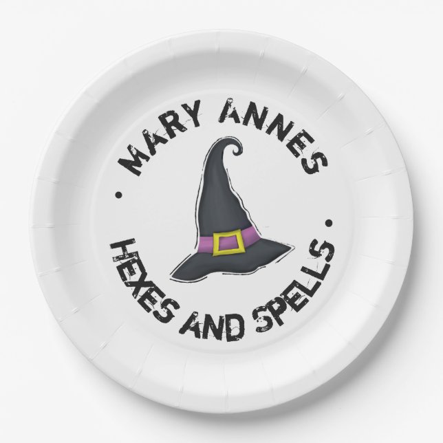Halloween Cute Whimsical Witch Hat Typography Paper Plates (Front)
