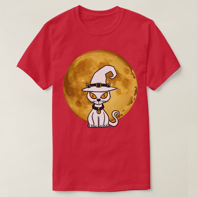 Halloween Cute White cat Scary Pumpkin On the Moon T-Shirt (Design Front)
