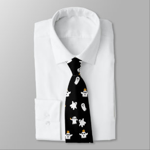 Halloween Cute White Ghosts on Black with Pumpkins Neck Tie