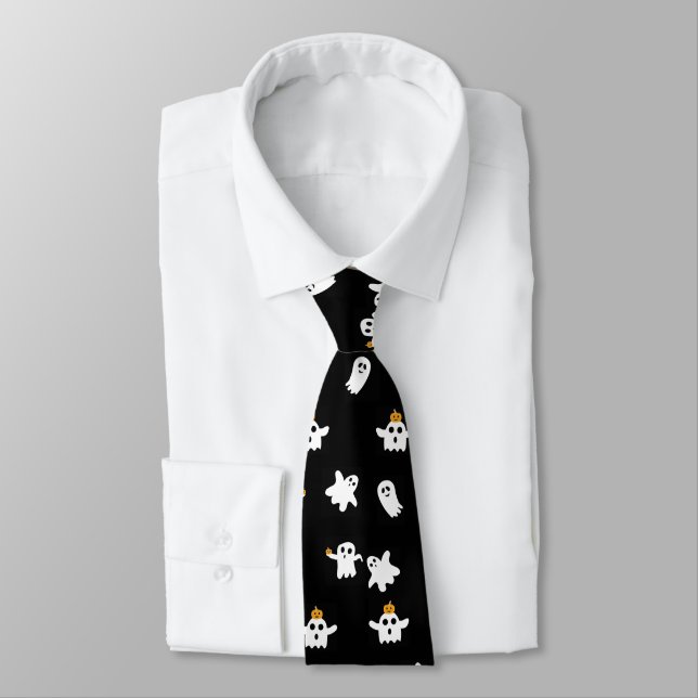 Halloween Cute White Ghosts on Black with Pumpkins Neck Tie (Tied)