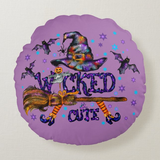 Halloween Cute Wicked Witch Round Pillow (Front)