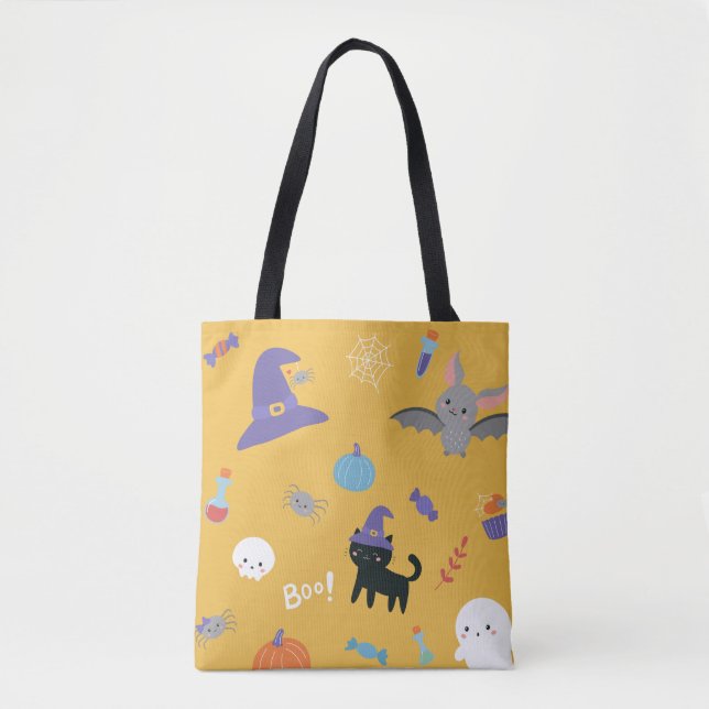 Halloween Cute Witch Cat Trick Or Treat Pattern Tote Bag (Front)