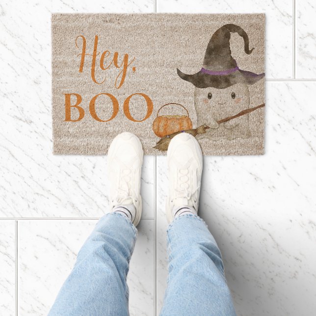 Halloween Cute Witch Ghost Hey Boo  Fiber Doormat (Insitu)