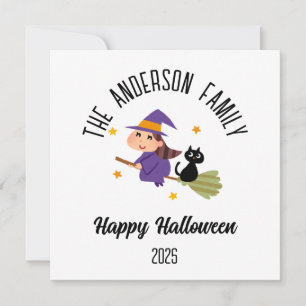Halloween Cute Witch on a Broom Personalized Name Holiday Card