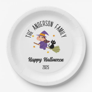 Halloween Cute Witch on a Broom Personalized Name Paper Plates