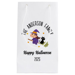 Halloween Cute Witch on a Broom Personalized Name Small Gift Bag