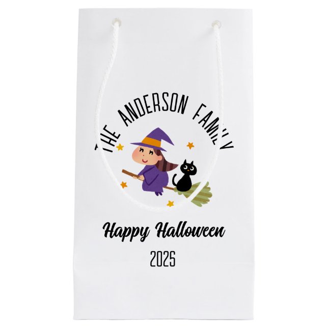 Halloween Cute Witch on a Broom Personalized Name Small Gift Bag (Front)