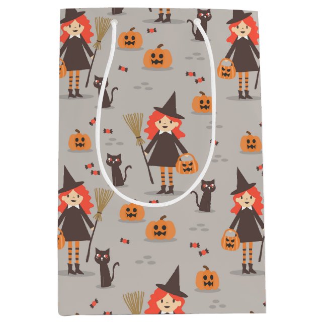 Halloween Cute Witch, Pumpkin, Black Cat Medium Gift Bag (Front)