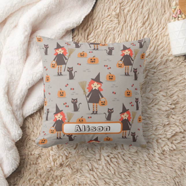 Halloween Cute Witch, Pumpkin, Black Cat Throw Pillow (Blanket)