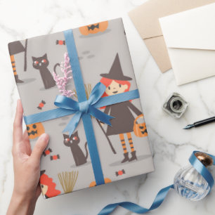 Halloween Cute Witch, Pumpkin, Black Cat Wrapping Paper