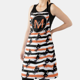 Halloween Cute Witch Stripes Orange Black Monogram Apron