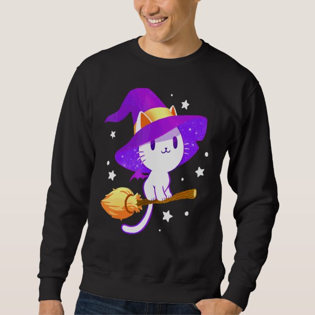 Halloween Cute Witch White Cat Sweatshirt (Front)