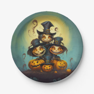 Halloween cute witches and pumpkins paper plates