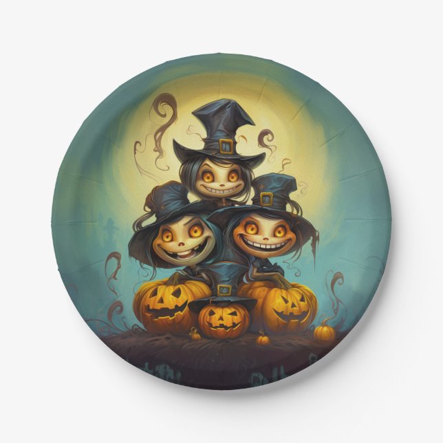 Halloween cute witches and pumpkins paper plates (Front)
