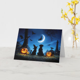 Halloween Cute with Witch and Moon Cat and Dog  Card