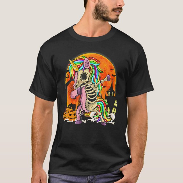 Halloween Dabbing Unicorn Skeleton T-Shirt (Front)
