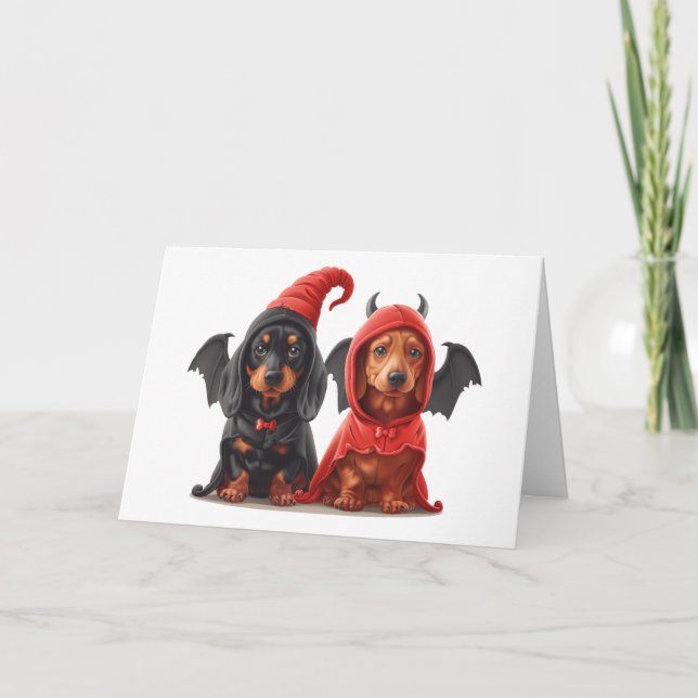 Halloween Dachshund Dogs Devil Bat Card (Front)