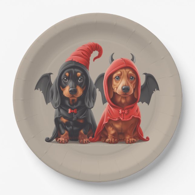 Halloween Dachshund Dogs Devil Bat Paper Plates (Front)