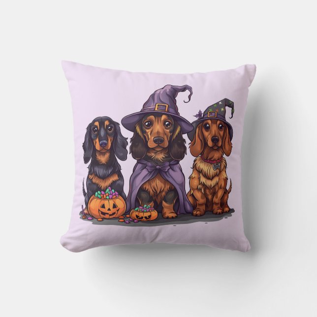 Halloween Dachshund Witch Dogs Throw Pillow (Front)