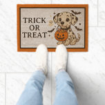 Halloween Dalmatian Dog Trick or Treat Fiber Doormat<br><div class="desc">This cute Halloween personalized doormat features an adorable dalmatian puppy with bats and a jack o lantern pumpkin with a matching border of black and orange.  Personalize with your choice of holiday message.  Fun for your holiday party decor.</div>