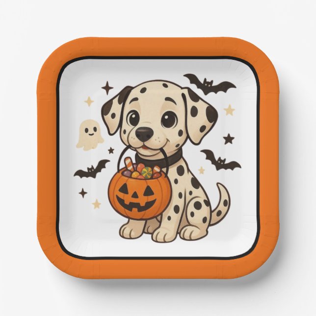 Halloween Dalmatian Dog Trick or Treat Paper Plates (Front)