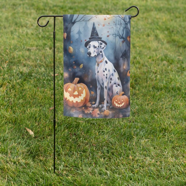 Halloween Dalmation With Pumpkins Scary Garden Flag (In SItu)