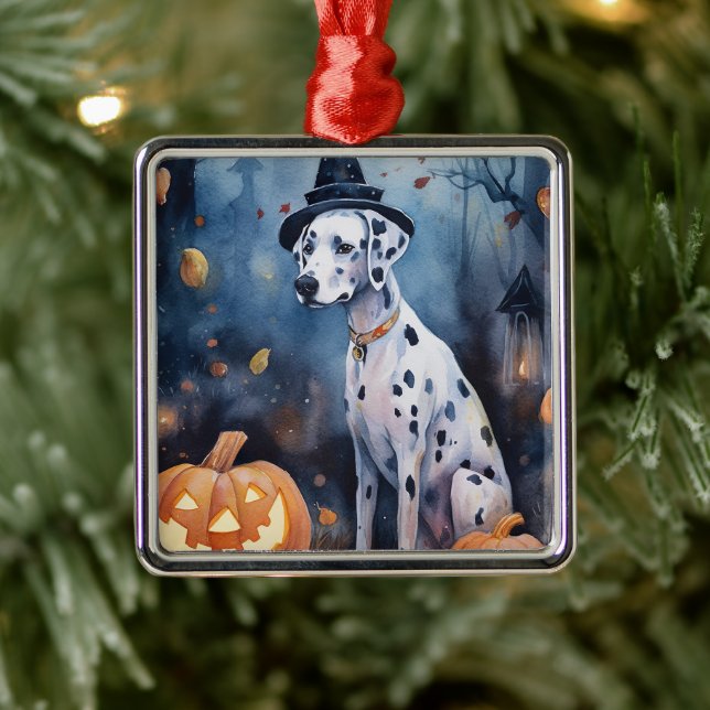 Halloween Dalmation With Pumpkins Scary Metal Ornament (Tree)