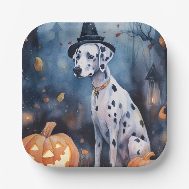 Halloween Dalmation With Pumpkins Scary Paper Plates (Front)