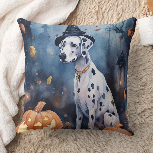 Halloween Dalmation With Pumpkins Scary Throw Pillow (Blanket)