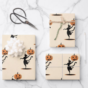 Halloween Dancing Black Cat with Pumpkin Wrapping Paper Sheets