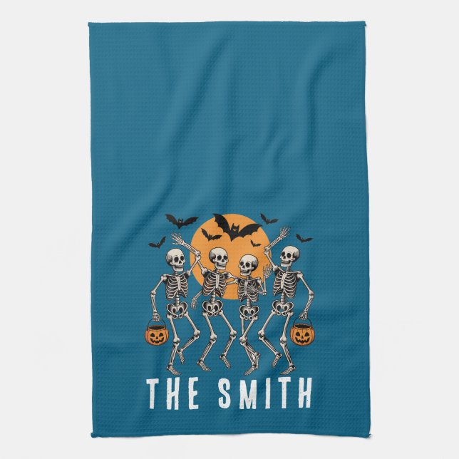 Halloween Dancing Skeleton Dance Pumpkin Kitchen Towel (Vertical)