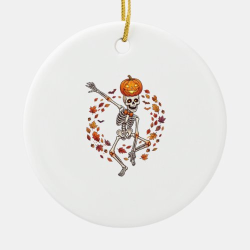 Halloween Dancing Skeleton Pumpkin Head Autumn Lea Ceramic Ornament