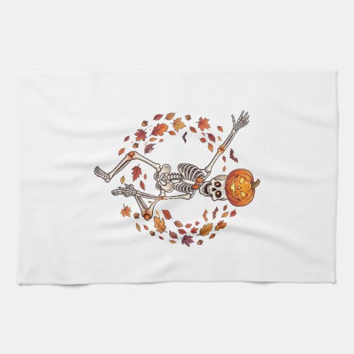 Halloween Dancing Skeleton Pumpkin Head Autumn Lea Kitchen Towel