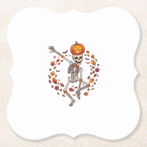 Halloween Dancing Skeleton Pumpkin Head Autumn Lea Paper Coaster