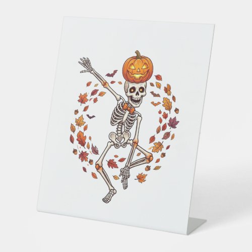 Halloween Dancing Skeleton Pumpkin Head Autumn Lea Pedestal Sign