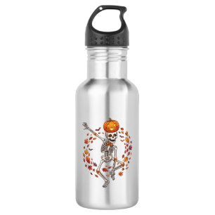 Halloween Dancing Skeleton Pumpkin Head Autumn Lea Stainless Steel Water Bottle