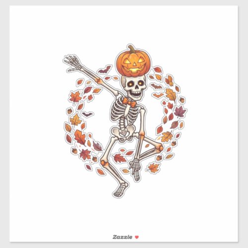 Halloween Dancing Skeleton Pumpkin Head Autumn Lea Sticker