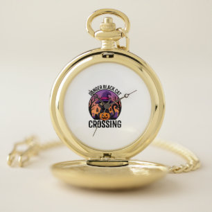 Halloween Danger Black Cat Crossing Pocket Watch