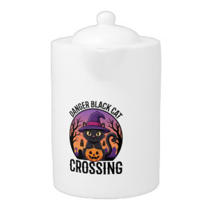 Halloween Danger Black Cat Crossing Teapot