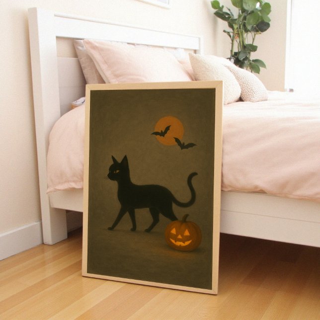 Halloween Dark Academia Style | Black Cat Pumpkin Poster (Dark Academia Halloween Black Cat and Jack-o-lantern pumpkin, bats, moon. Farmcore style. )